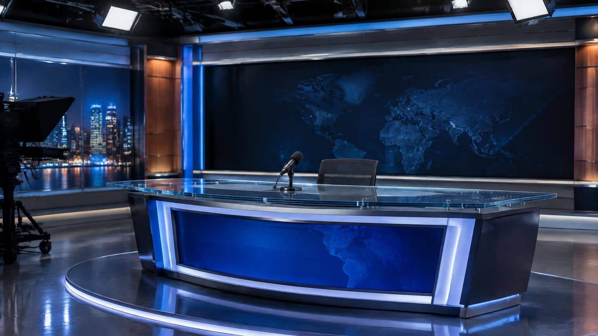 Empty television studio with professional microphone and lights