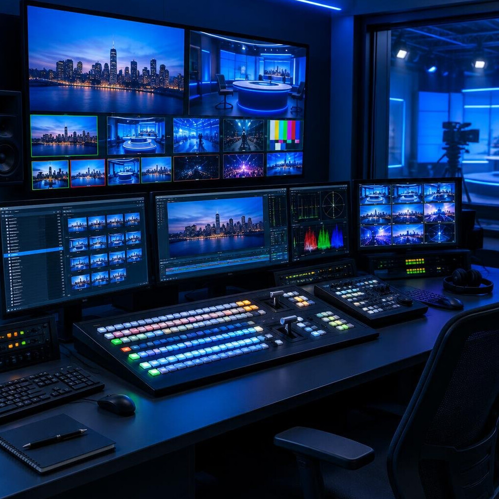 Production control room desk with monitors