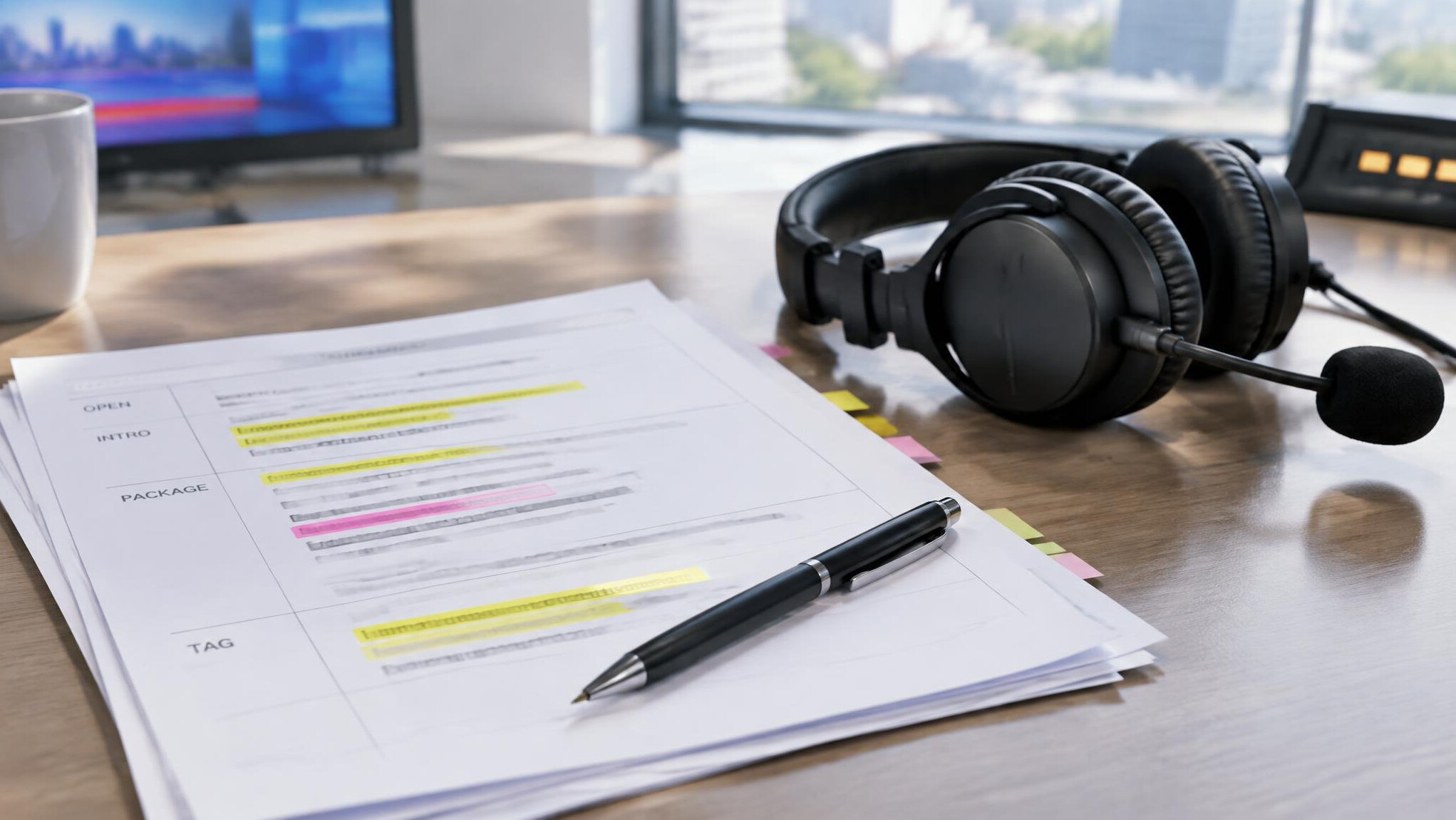 Script pages and a pen beside a headset on a desk